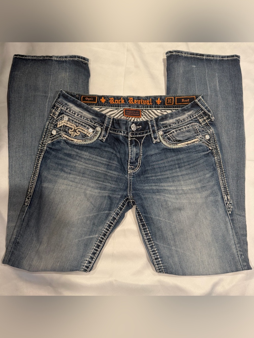 Rock Revival Gysii Easy Boot Jeans Women 31 Mid Rise Denim Pants Studded 31x32”